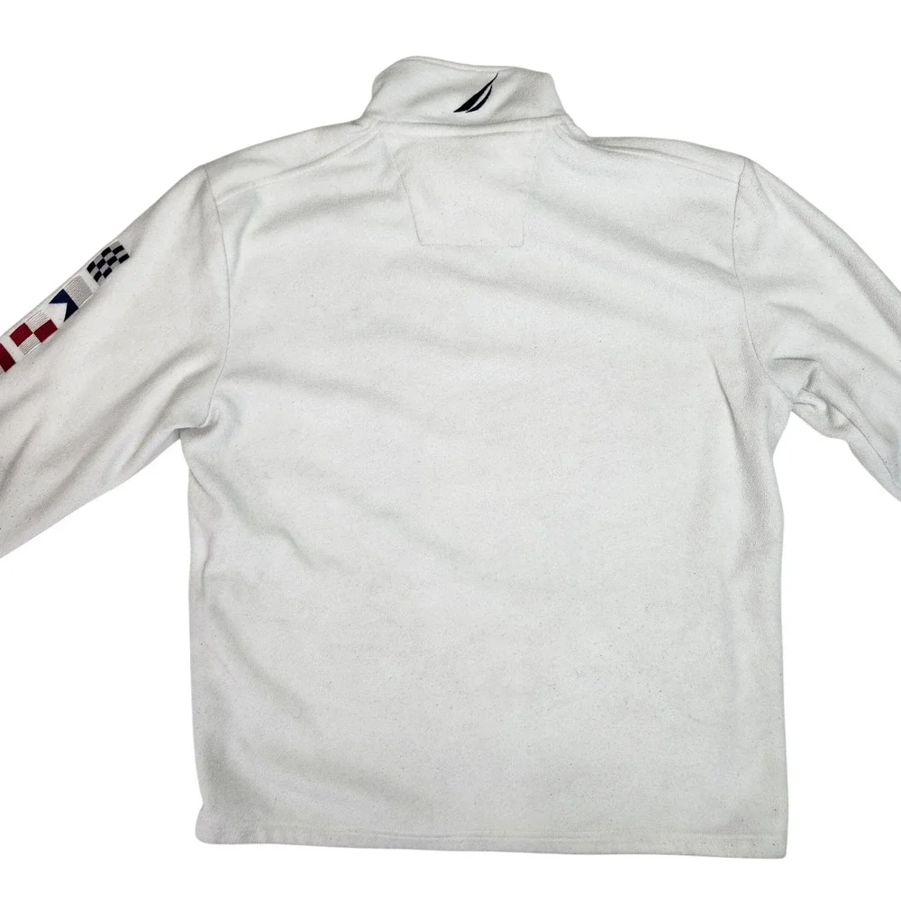 Nautica Mens White Fleece 1/4 Zip Pullover Jacket Nautical Flag Sleeve Size L